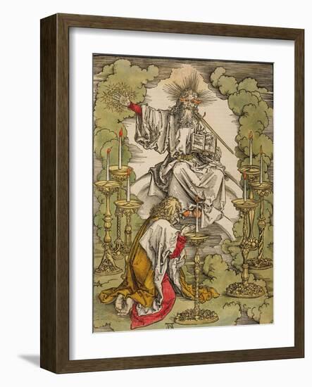 St. John on the Island of Patmos Receives Inspiration from God to Create the Apocalypse, 1498-Albrecht Dürer-Framed Giclee Print