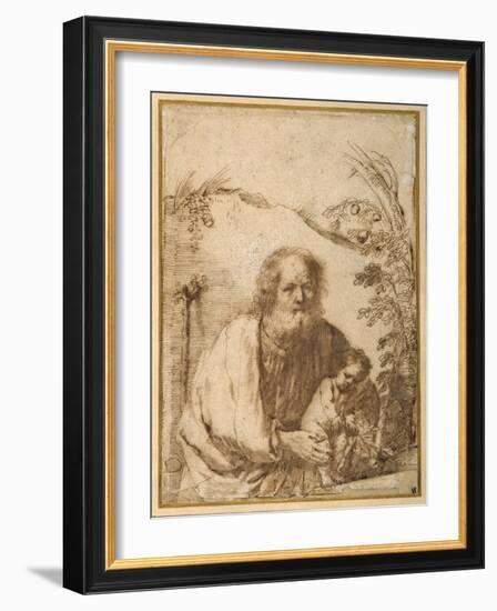 St. Joseph and the Infant Christ Grasping a Twig of an Apple Tree-Guercino (Giovanni Francesco Barbieri)-Framed Giclee Print