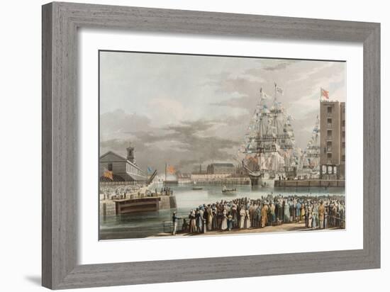 St. Katherine's Dock: Opening on 25th October 1828, Engraved by E. Duncan (Coloured Aquatint)-William John Huggins-Framed Giclee Print