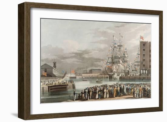 St. Katherine's Dock: Opening on 25th October 1828, Engraved by E. Duncan (Coloured Aquatint)-William John Huggins-Framed Giclee Print