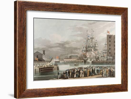 St. Katherine's Dock: Opening on 25th October 1828, Engraved by E. Duncan (Coloured Aquatint)-William John Huggins-Framed Giclee Print