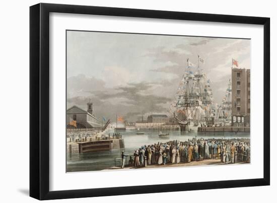 St. Katherine's Dock: Opening on 25th October 1828, Engraved by E. Duncan (Coloured Aquatint)-William John Huggins-Framed Giclee Print