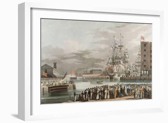 St. Katherine's Dock: Opening on 25th October 1828, Engraved by E. Duncan (Coloured Aquatint)-William John Huggins-Framed Giclee Print