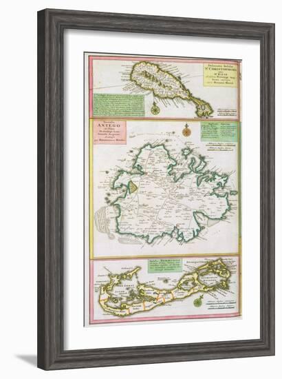 St. Kitts, Antigua and Bermuda, detail from a map of English Colonies in Caribbean-null-Framed Giclee Print