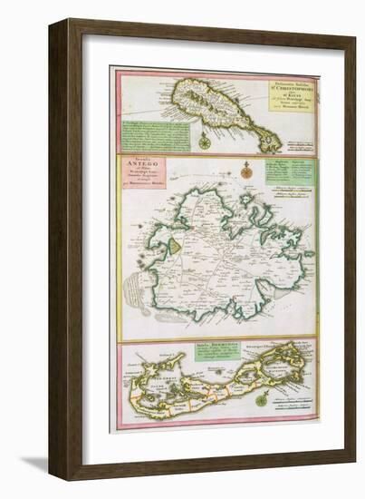 St. Kitts, Antigua and Bermuda, detail from a map of English Colonies in Caribbean-null-Framed Giclee Print