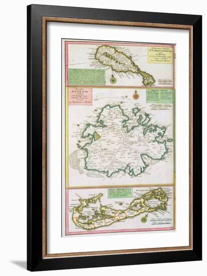 St. Kitts, Antigua and Bermuda, detail from a map of English Colonies in Caribbean-null-Framed Giclee Print