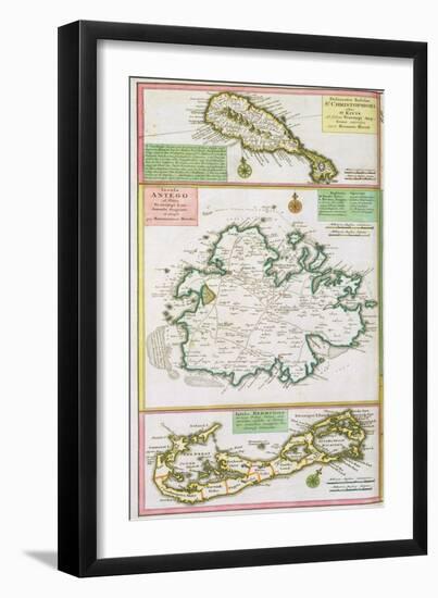 St. Kitts, Antigua and Bermuda, detail from a map of English Colonies in Caribbean-null-Framed Giclee Print