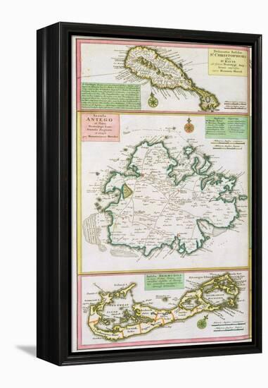 St. Kitts, Antigua and Bermuda, detail from a map of English Colonies in Caribbean-null-Framed Premier Image Canvas