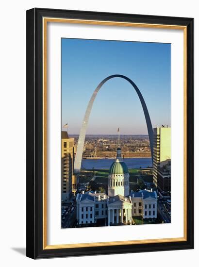 St. Louis arch with Old Courthouse and Mississippi River, MO-null-Framed Photographic Print