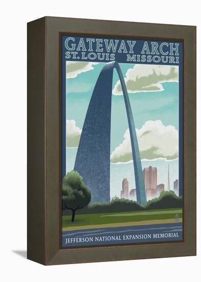 St. Louis, Missouri - Gateway Arch Lithography Style-Lantern Press-Framed Stretched Canvas