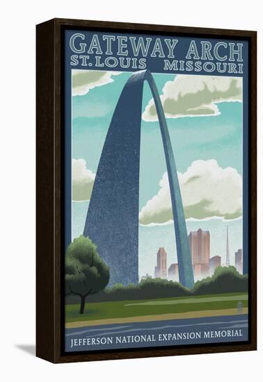 St. Louis, Missouri - Gateway Arch Lithography Style-Lantern Press-Framed Stretched Canvas