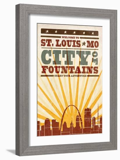 St. Louis, Missouri - Skyline and Sunburst Screenprint Style-Lantern Press-Framed Art Print