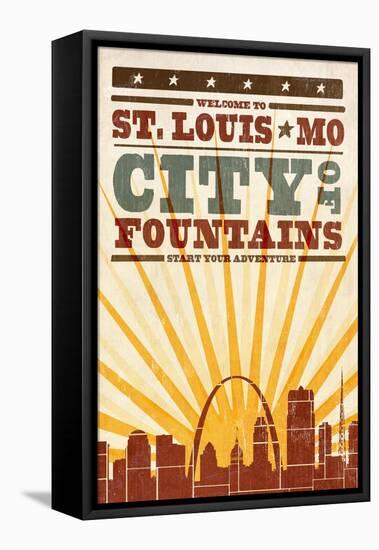 St. Louis, Missouri - Skyline and Sunburst Screenprint Style-Lantern Press-Framed Stretched Canvas