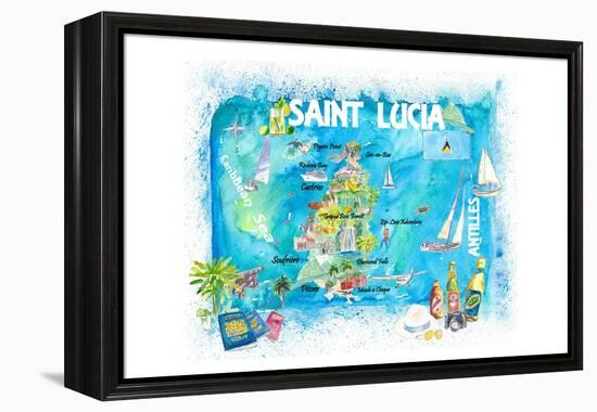 St Lucia Antilles Illustrated Caribbean Travel Map with Highlights of West Indies Island Dream-M. Bleichner-Framed Stretched Canvas