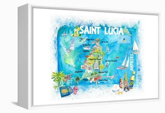 St Lucia Antilles Illustrated Caribbean Travel Map with Highlights of West Indies Island Dream-M. Bleichner-Framed Stretched Canvas