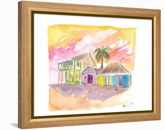 St Lucia Colorful Houses and Sunset-M. Bleichner-Framed Stretched Canvas