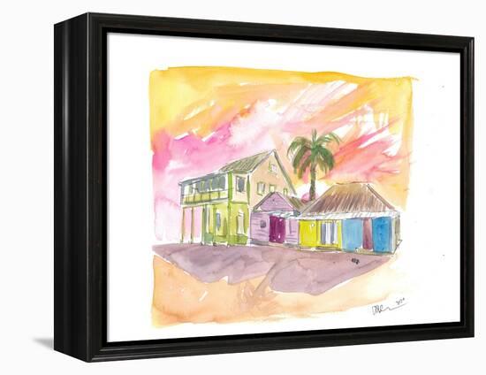 St Lucia Colorful Houses and Sunset-M. Bleichner-Framed Stretched Canvas