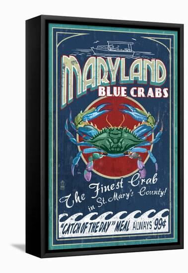 St. Mary's County, Maryland - Blue Crabs Vintage Sign-Lantern Press-Framed Stretched Canvas