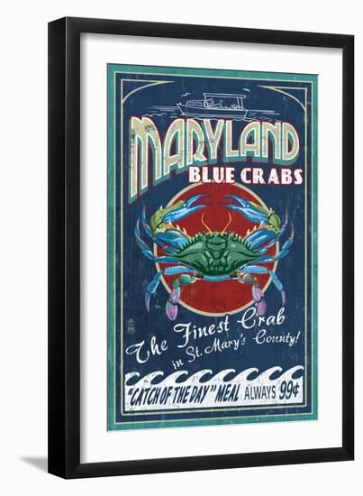 St. Mary's County, Maryland - Blue Crabs Vintage Sign-Lantern Press-Framed Art Print