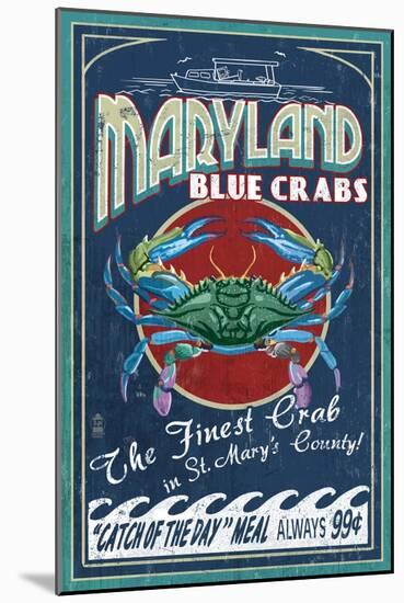 St. Mary's County, Maryland - Blue Crabs Vintage Sign-Lantern Press-Mounted Art Print