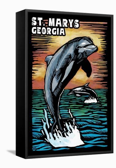 St. Marys, Georgia - Dolphin - Scratchboard-Lantern Press-Framed Stretched Canvas