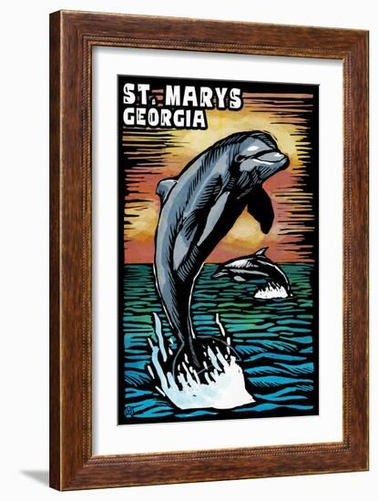 St. Marys, Georgia - Dolphin - Scratchboard-Lantern Press-Framed Art Print