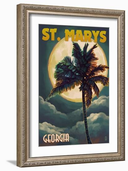St. Marys, Georgia - Palm and Moon-Lantern Press-Framed Art Print