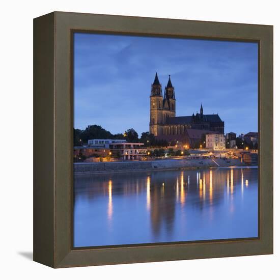 St Mauritius and St Katharina Cathedral and River Elbe at dusk, Magdeburg, Saxony-Anhalt, Germany-Ian Trower-Framed Premier Image Canvas