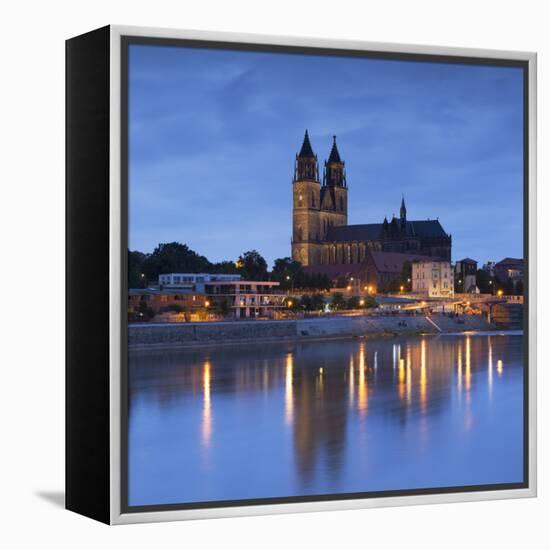 St Mauritius and St Katharina Cathedral and River Elbe at dusk, Magdeburg, Saxony-Anhalt, Germany-Ian Trower-Framed Premier Image Canvas