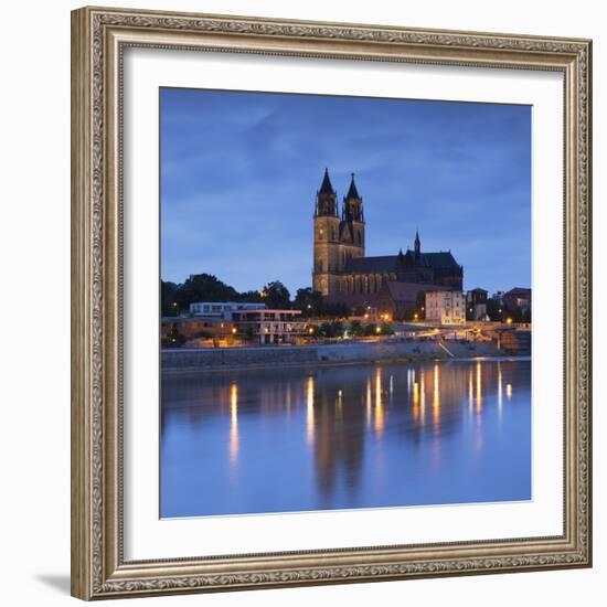 St Mauritius and St Katharina Cathedral and River Elbe at dusk, Magdeburg, Saxony-Anhalt, Germany-Ian Trower-Framed Photographic Print