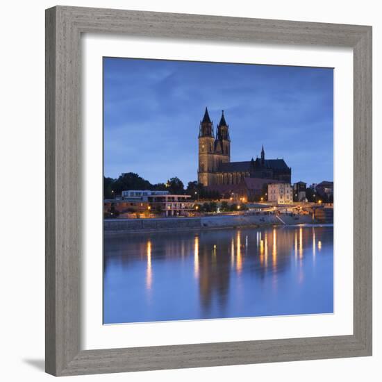 St Mauritius and St Katharina Cathedral and River Elbe at dusk, Magdeburg, Saxony-Anhalt, Germany-Ian Trower-Framed Photographic Print