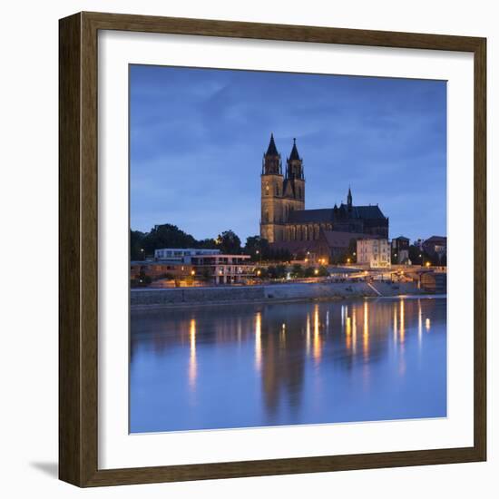 St Mauritius and St Katharina Cathedral and River Elbe at dusk, Magdeburg, Saxony-Anhalt, Germany-Ian Trower-Framed Photographic Print