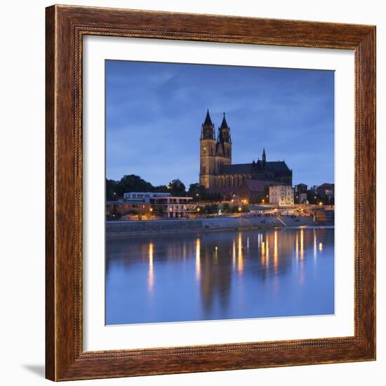 St Mauritius and St Katharina Cathedral and River Elbe at dusk, Magdeburg, Saxony-Anhalt, Germany-Ian Trower-Framed Photographic Print