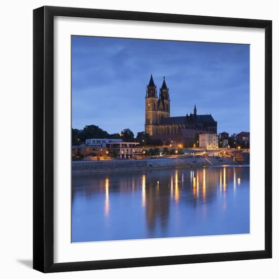 St Mauritius and St Katharina Cathedral and River Elbe at dusk, Magdeburg, Saxony-Anhalt, Germany-Ian Trower-Framed Photographic Print