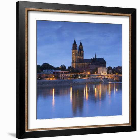 St Mauritius and St Katharina Cathedral and River Elbe at dusk, Magdeburg, Saxony-Anhalt, Germany-Ian Trower-Framed Photographic Print