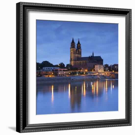 St Mauritius and St Katharina Cathedral and River Elbe at dusk, Magdeburg, Saxony-Anhalt, Germany-Ian Trower-Framed Photographic Print