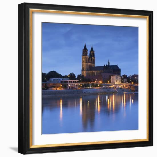 St Mauritius and St Katharina Cathedral and River Elbe at dusk, Magdeburg, Saxony-Anhalt, Germany-Ian Trower-Framed Photographic Print