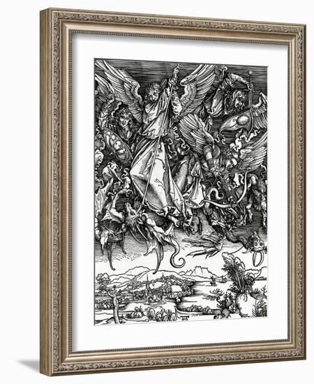 St. Michael Fighting the Dragon, 1498 (Woodcut)-Albrecht Dürer-Framed Giclee Print