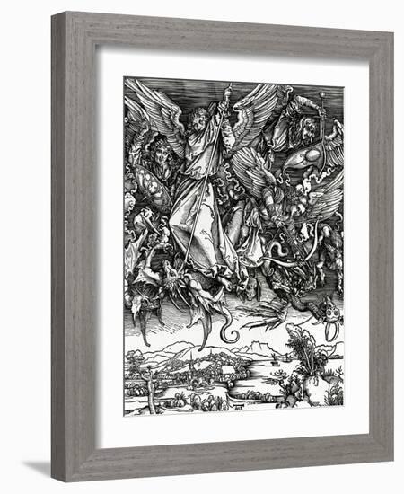 St. Michael Fighting the Dragon, 1498 (Woodcut)-Albrecht Dürer-Framed Giclee Print