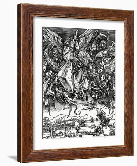 St. Michael Fighting the Dragon, 1498 (Woodcut)-Albrecht Dürer-Framed Giclee Print