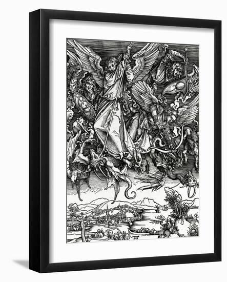 St. Michael Fighting the Dragon, 1498 (Woodcut)-Albrecht Dürer-Framed Giclee Print