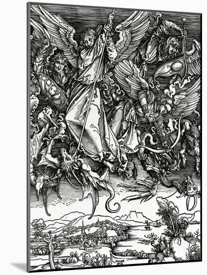 St. Michael Fighting the Dragon, 1498 (Woodcut)-Albrecht Dürer-Mounted Giclee Print