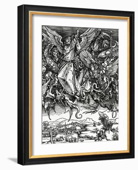 St. Michael Fighting the Dragon, 1498 (Woodcut)-Albrecht Dürer-Framed Giclee Print