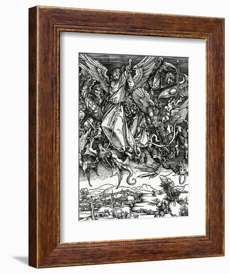 St. Michael Fighting the Dragon, 1498 (Woodcut)-Albrecht Dürer-Framed Giclee Print