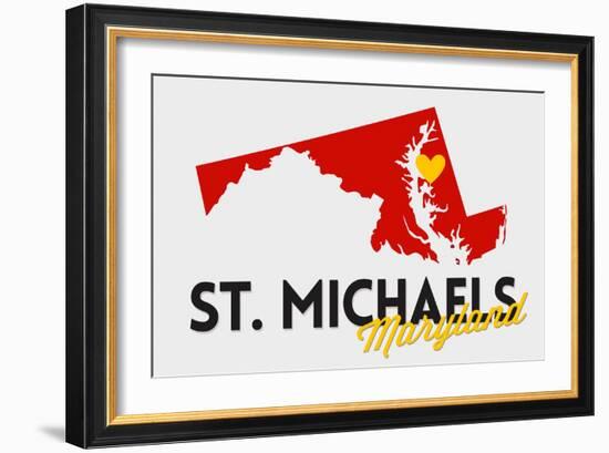 St. Michaels, Maryland - Red and Black - State Outline and Heart-Lantern Press-Framed Art Print