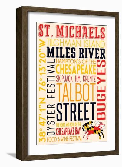 St. Michaels, Maryland - Typography with Crab Icon-Lantern Press-Framed Art Print