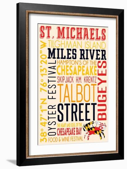 St. Michaels, Maryland - Typography with Crab Icon-Lantern Press-Framed Art Print