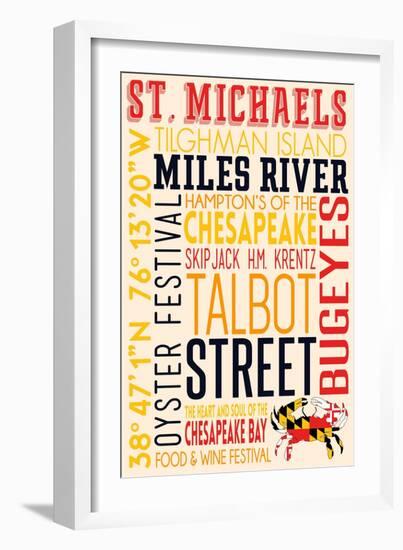 St. Michaels, Maryland - Typography with Crab Icon-Lantern Press-Framed Art Print