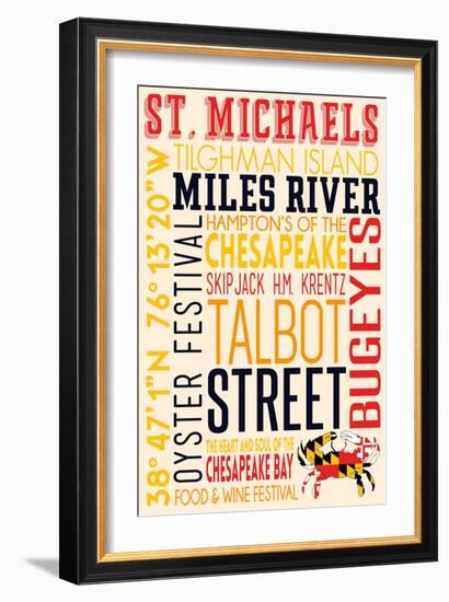 St. Michaels, Maryland - Typography with Crab Icon-Lantern Press-Framed Art Print