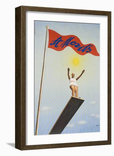 St Moritz Travel Poster, Art Deco Diving Board Woman, 1930's-null-Framed Giclee Print